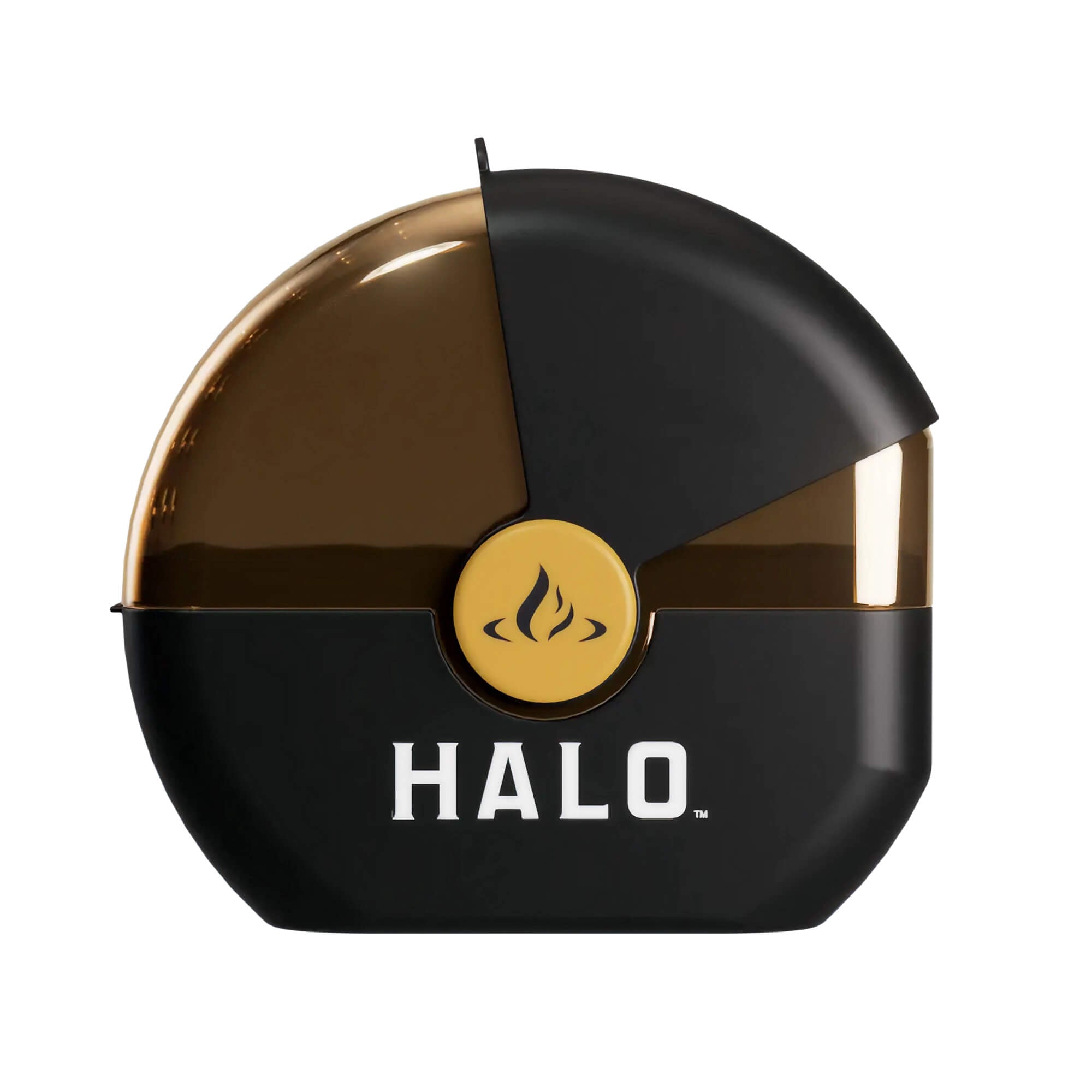 A black and bronze-tinted HALO flour shaker featuring an ergonomic grip and a clickable rotating cover.