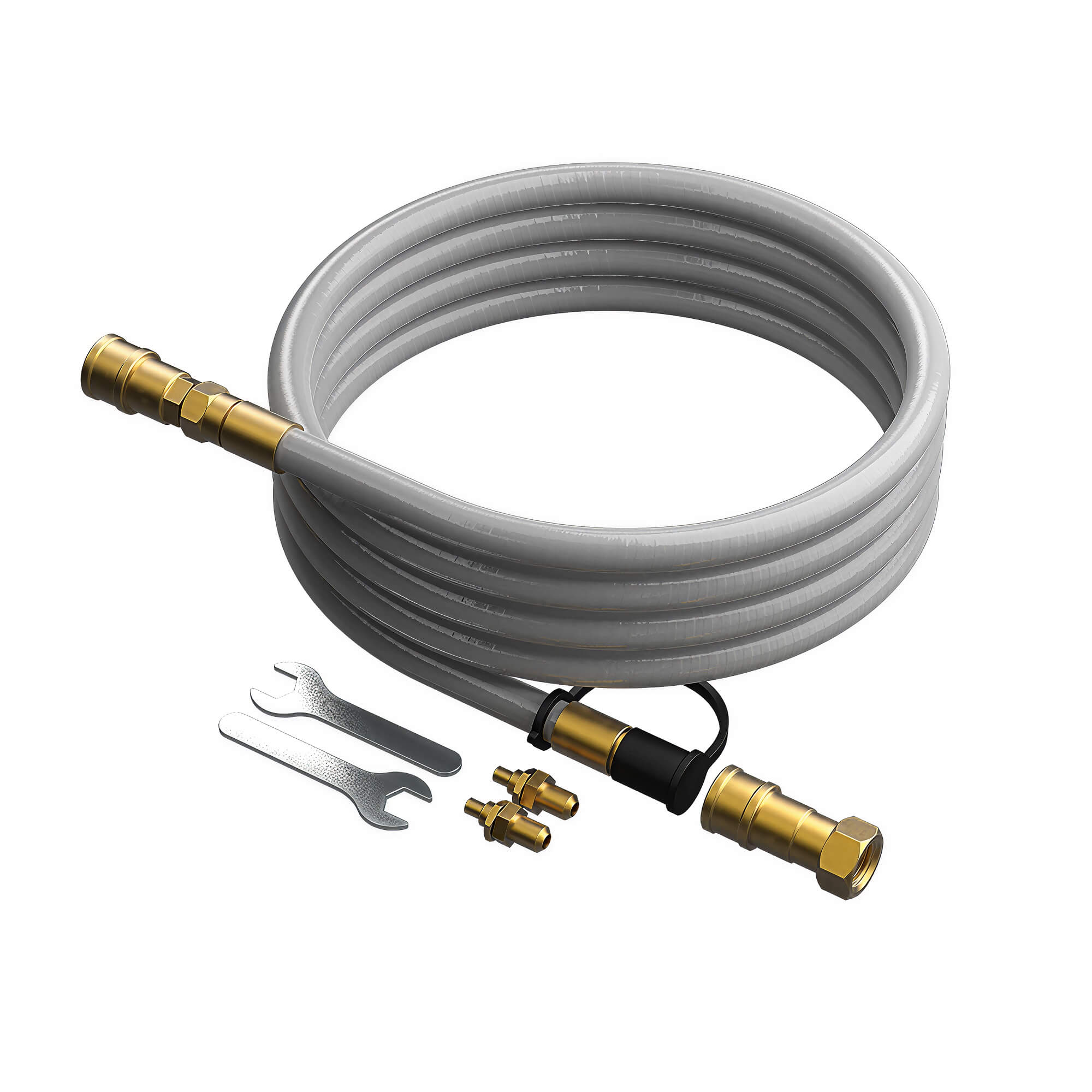 HALO Natural Gas Conversion Kit, featuring a 10ft durable rubber hose with solid brass quick-disconnect fittings and included installation wrenches.