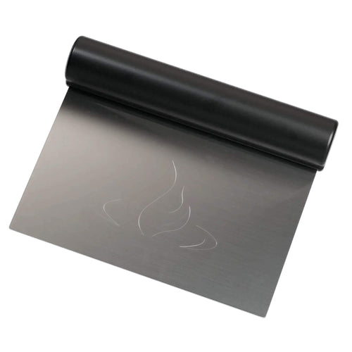 HALO stainless steel bench scraper with a black handle and etched flame logo, designed for pizza dough prep and griddle cleaning.