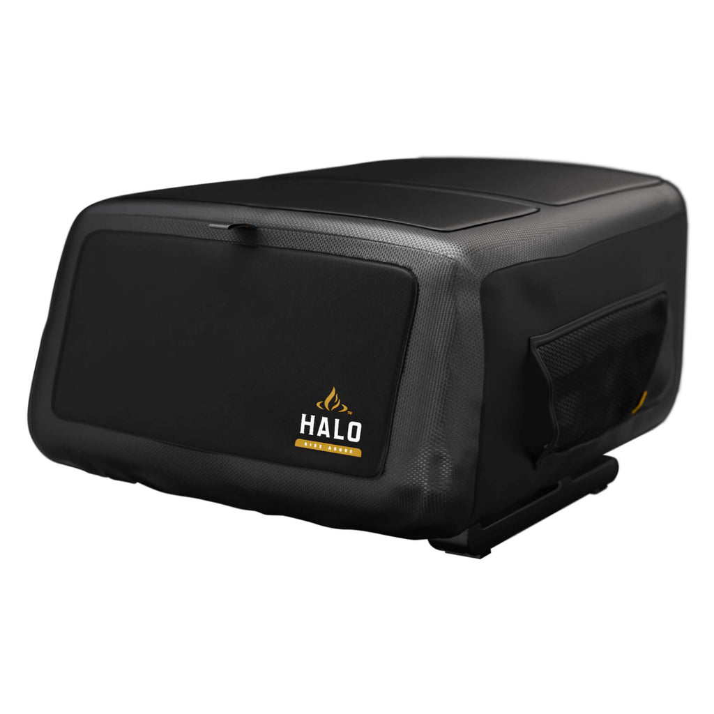 Weather-resistant HALO Versa 16 pizza oven cover in black on a white background