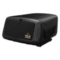 Weather-resistant HALO Versa 16 pizza oven cover in black on a white background