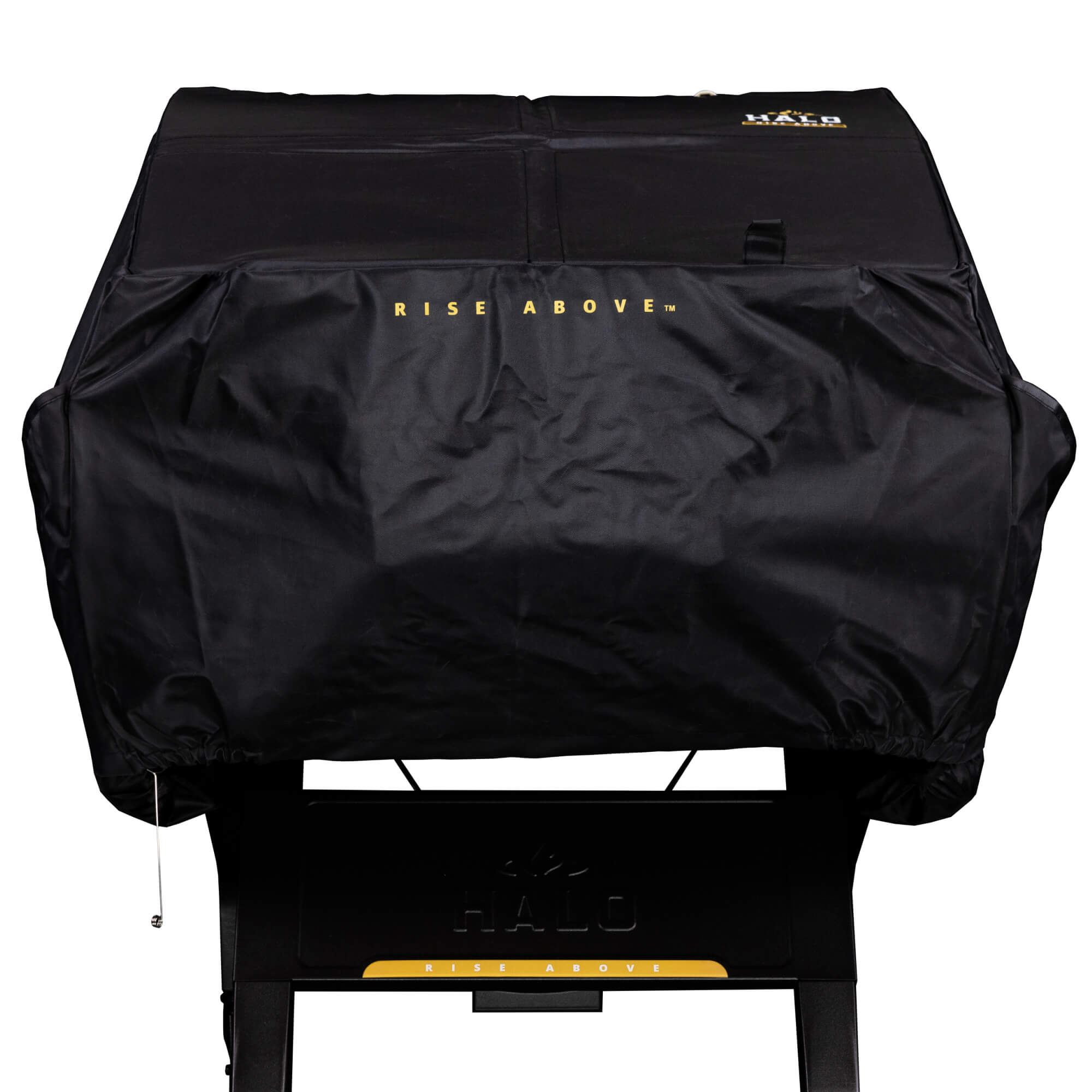 Heavy-duty black weatherproof cover fitted over a HALO griddle
