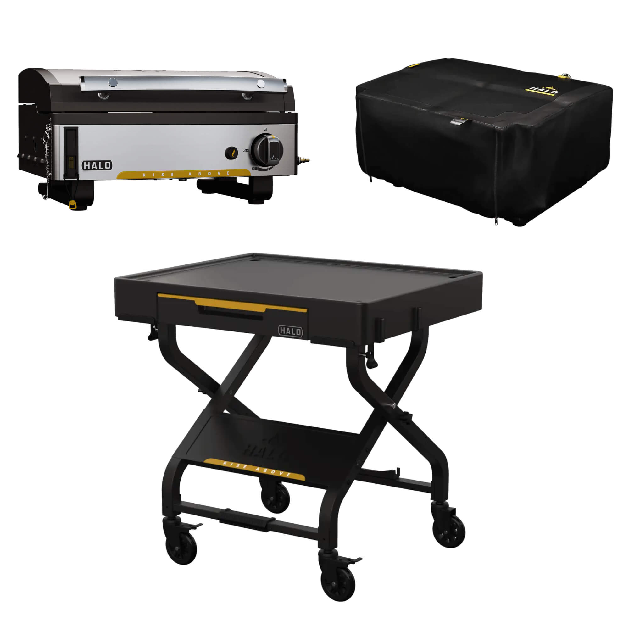 Full HALO Elite1B bundle featuring griddle, outdoor cart, and cover