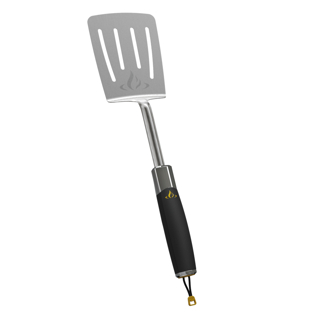 HALO stainless steel spatula with a black handle and gold logo on a white background