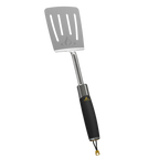 HALO stainless steel spatula with a black handle and gold logo on a white background