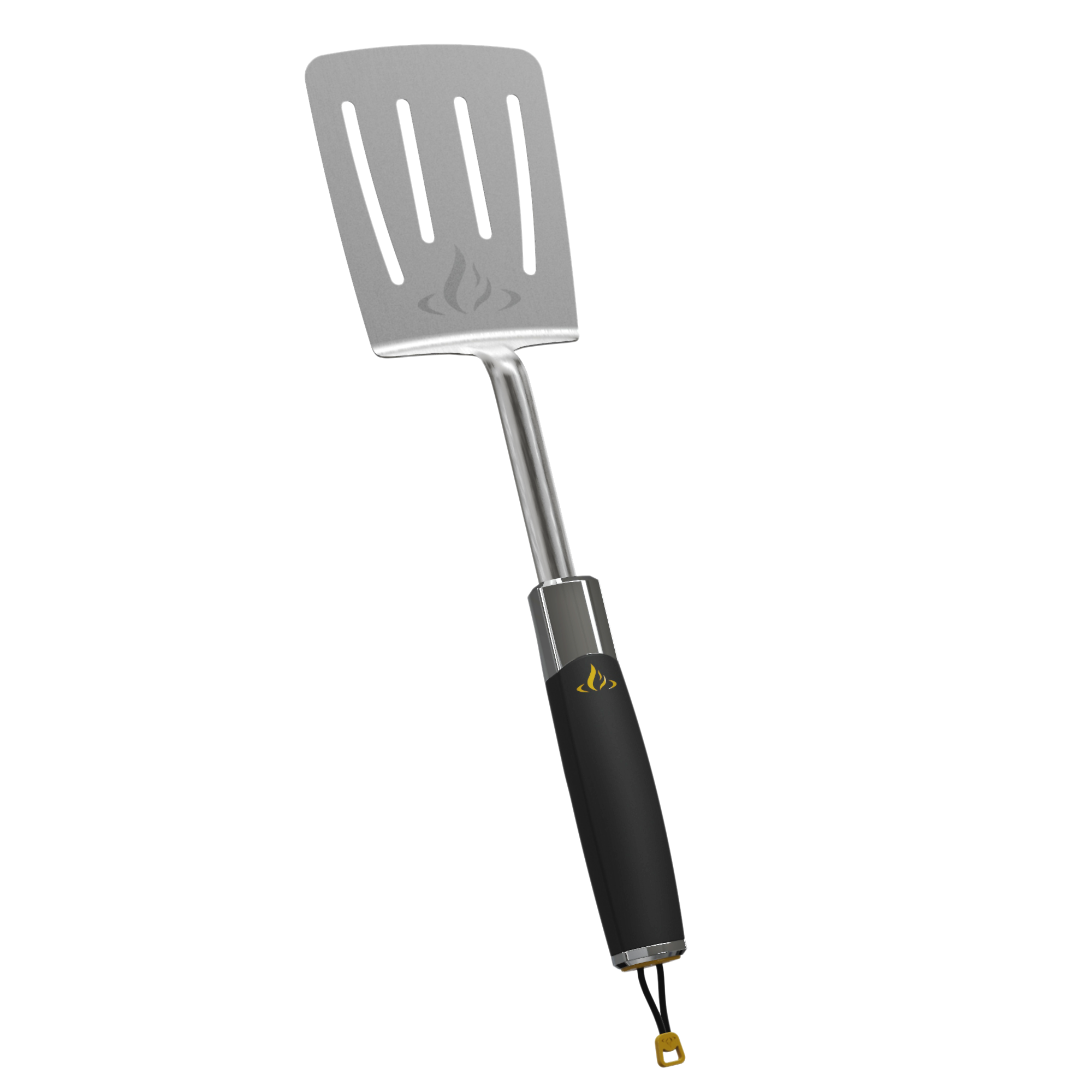 HALO stainless steel spatula with a black handle and gold logo on a white background