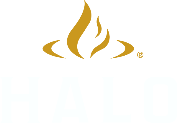 HALO vertical brand logo in white, featuring the signature flame icon above the HALO wordmark.